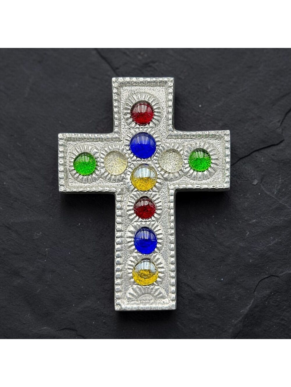 Vintage Jeweled Silver Tone Cross Wall Decor Multicolor Glass Cabochon 7"